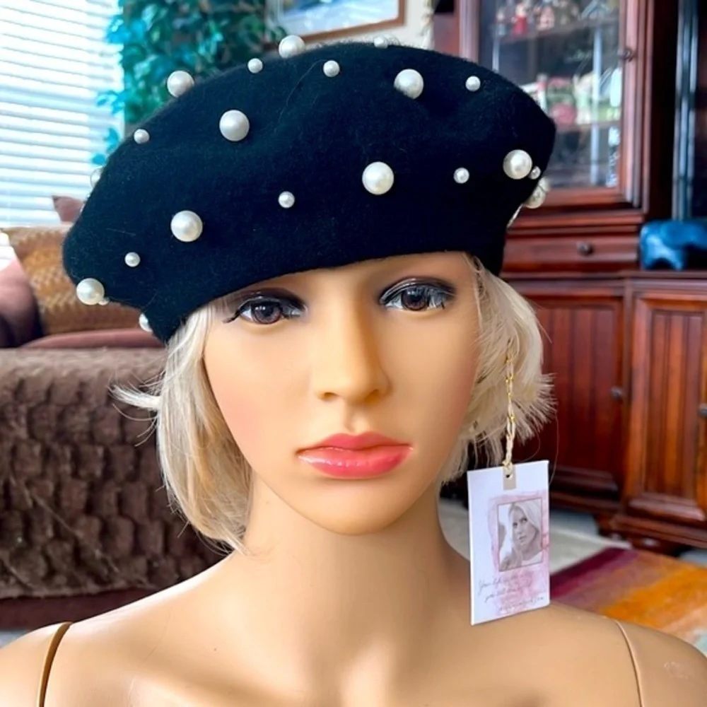 Brand New Jessica Simpson Black Wool French Beret w/ Faux Pearl Accents Beaded